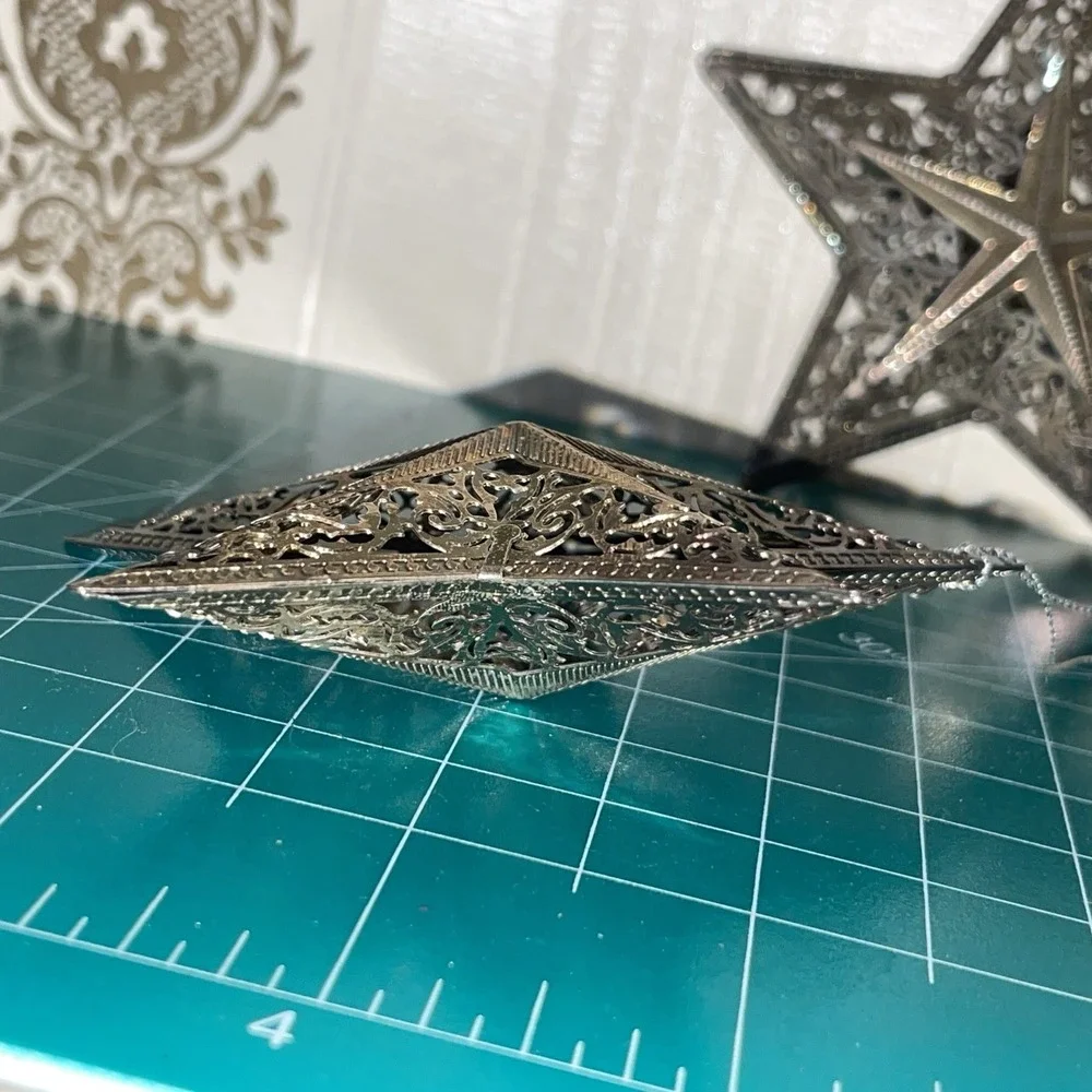 x2 Decorative Star Ornament Silver Colored Metal Intricate Punched Tin Filigree